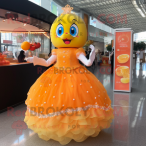 Orange Dim Sum mascot costume character dressed with a Ball Gown and Bracelets