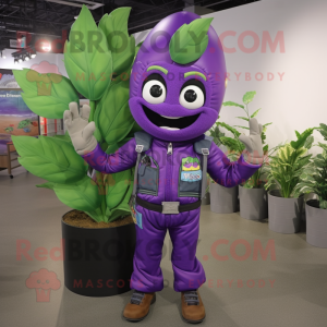 Purple Beanstalk mascot costume character dressed with a Moto Jacket and Gloves