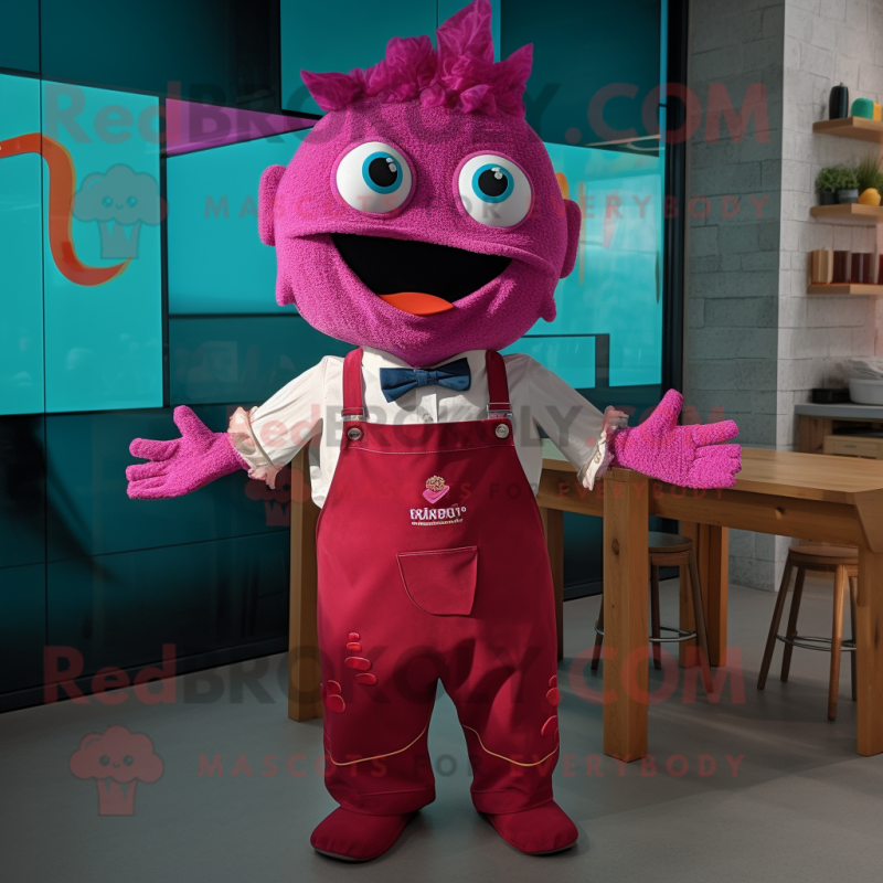 Magenta Ceviche mascot costume character dressed with a Dungarees and Bow ties