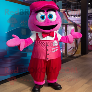 Magenta Ceviche mascot costume character dressed with a Dungarees and Bow ties