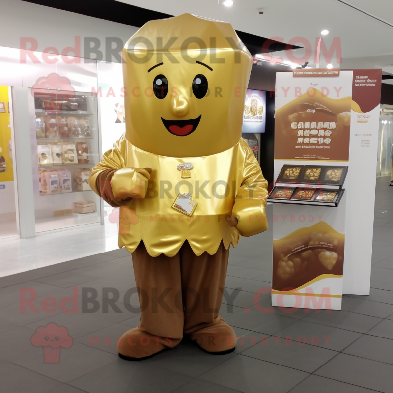 Gold Chocolates mascot costume character dressed with a Long Sleeve Tee and Messenger bags