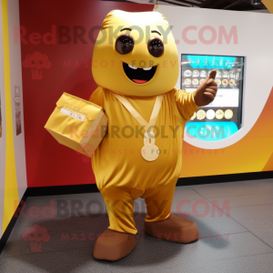Gold Chocolates mascot costume character dressed with a Long Sleeve Tee and Messenger bags