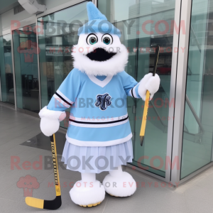 Sky Blue Ice Hockey Stick mascot costume character dressed with a Wedding Dress and Hats