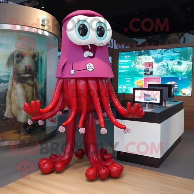 Maroon Squid mascot costume character dressed with a Culottes and Digital watches