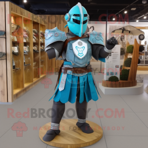 Cyan Medieval Knight mascot costume character dressed with a Leather Jacket and Bracelet watches