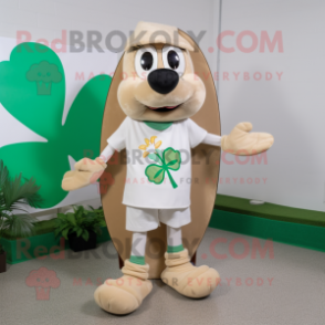 Beige Bunch Of Shamrocks mascot costume character dressed with a Board Shorts and Shoe clips