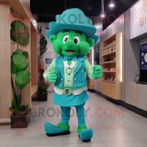 Turquoise Four Leaf Clover mascot costume character dressed with a Vest and Belts