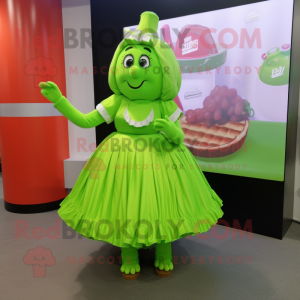 Lime Green Chocolates mascot costume character dressed with a Wrap Skirt and Hair clips