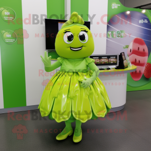 Lime Green Chocolates mascot costume character dressed with a Wrap Skirt and Hair clips