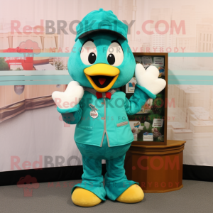 Teal Candy Box mascot costume character dressed with a Parka and Ties