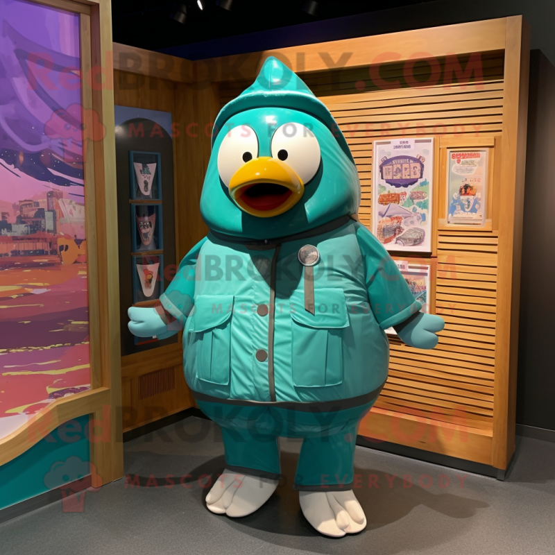 Teal Candy Box mascot costume character dressed with a Parka and Ties