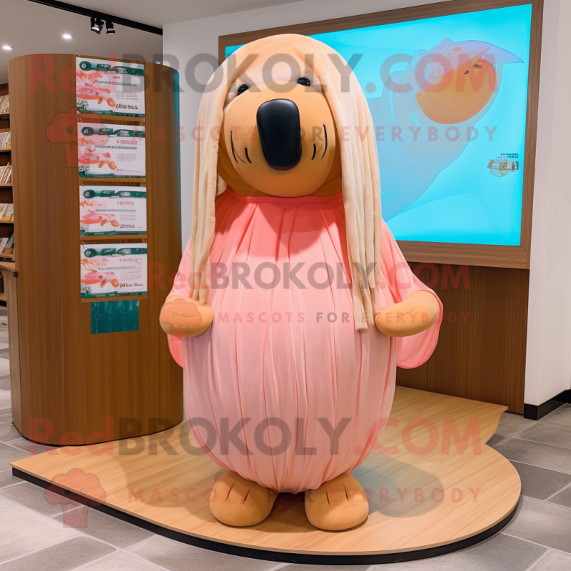 Peach Walrus mascot costume character dressed with a Wrap Skirt and Headbands