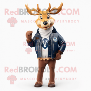 Navy Deer mascot costume character dressed with a Leather Jacket and Scarves