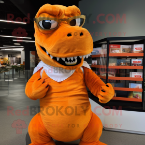 Orange T Rex mascot costume character dressed with a Wrap Dress and Reading glasses