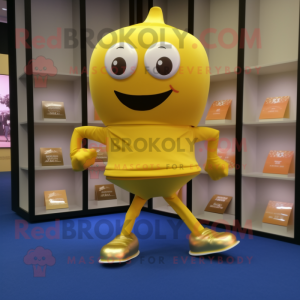 Gold Candy Box mascot costume character dressed with a Yoga Pants and Wallets