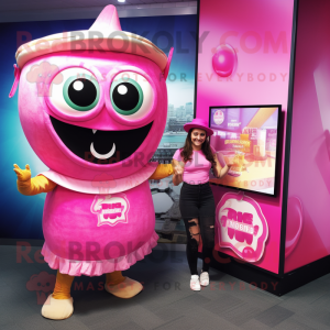 Pink Tacos mascot costume character dressed with a Playsuit and Watches