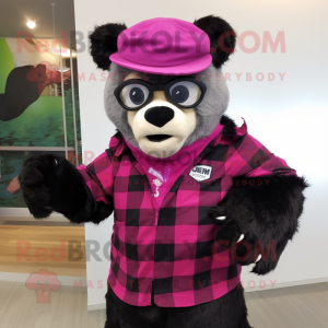 Magenta Spectacled Bear mascot costume character dressed with a Flannel Shirt and Hat pins