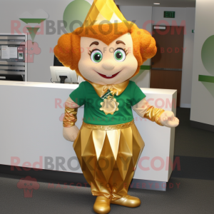 Gold Leprechaun mascot costume character dressed with a Pencil Skirt and Keychains