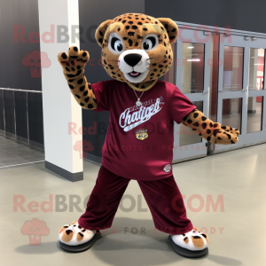 Maroon Leopard mascot costume character dressed with a Flannel Shirt and Anklets