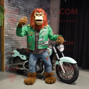 Green Orangutan mascot costume character dressed with a Biker Jacket and Keychains