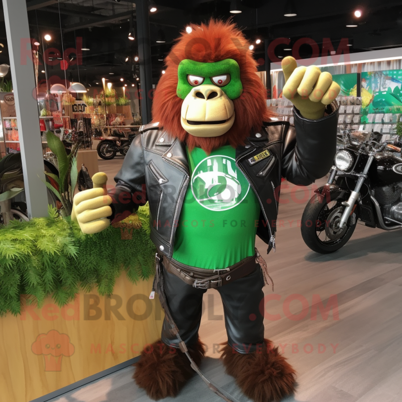 Green Orangutan mascot costume character dressed with a Biker Jacket and Keychains