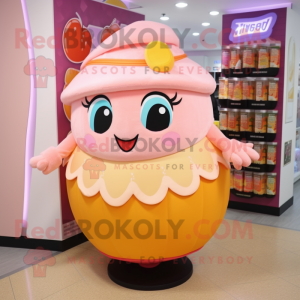 Peach Candy Box mascot costume character dressed with a Wrap Skirt and Beanies