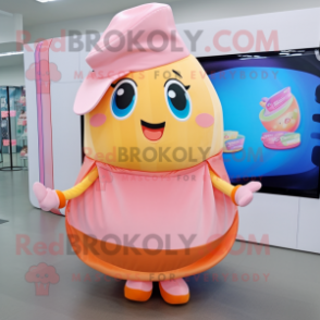 Peach Candy Box mascot costume character dressed with a Wrap Skirt and Beanies