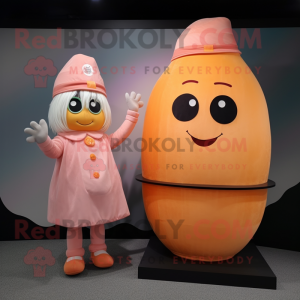 Peach Candy Box mascot costume character dressed with a Wrap Skirt and Beanies