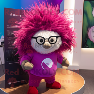 Magenta Porcupine mascot costume character dressed with a Henley Tee and Eyeglasses