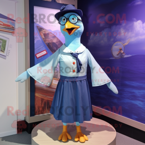 Navy Pigeon mascot costume character dressed with a Maxi Skirt and Eyeglasses
