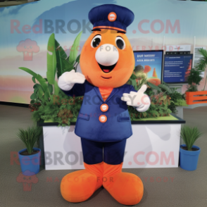 Navy Carrot mascot costume character dressed with a Romper and Foot pads