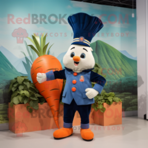 Navy Carrot mascot costume character dressed with a Romper and Foot pads