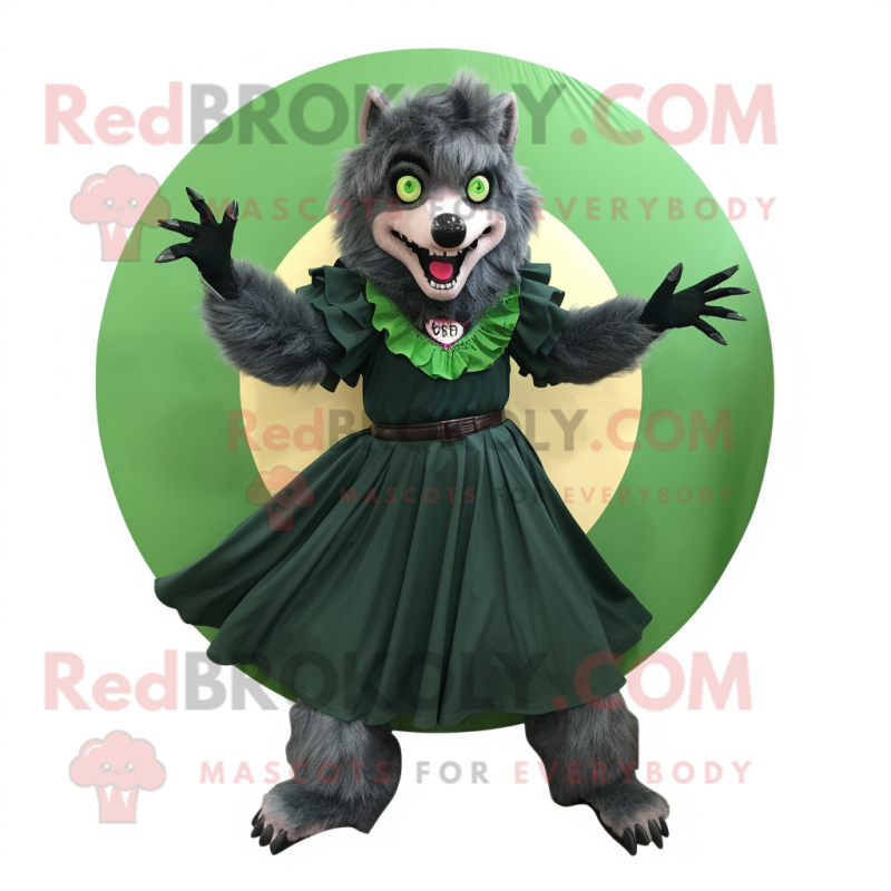 Forest Green Werewolf mascot costume character dressed with a Circle Skirt and Hair clips
