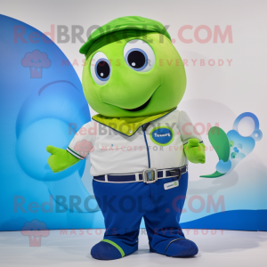 Lime Green Blue Whale mascot costume character dressed with a Oxford Shirt and Bracelet watches