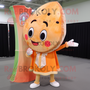Peach Pizza Slice mascot costume character dressed with a Dress Pants and Shawl pins
