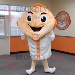 Peach Pizza Slice mascot costume character dressed with a Dress Pants and Shawl pins