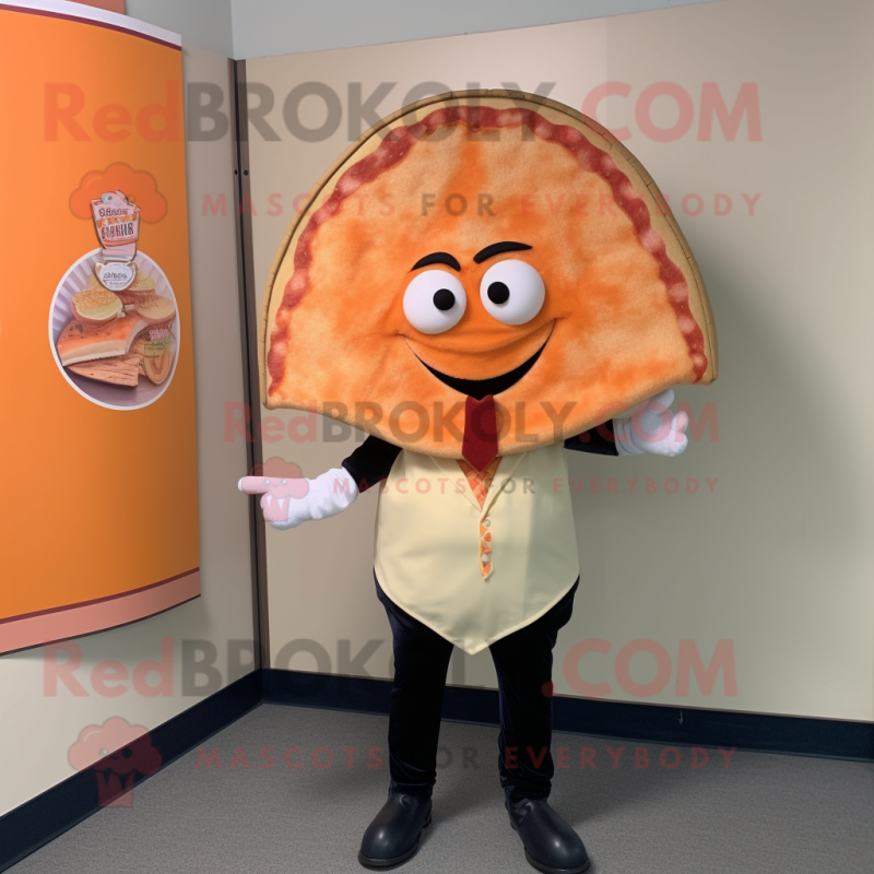 Peach Pizza Slice mascot costume character dressed with a Dress Pants and Shawl pins