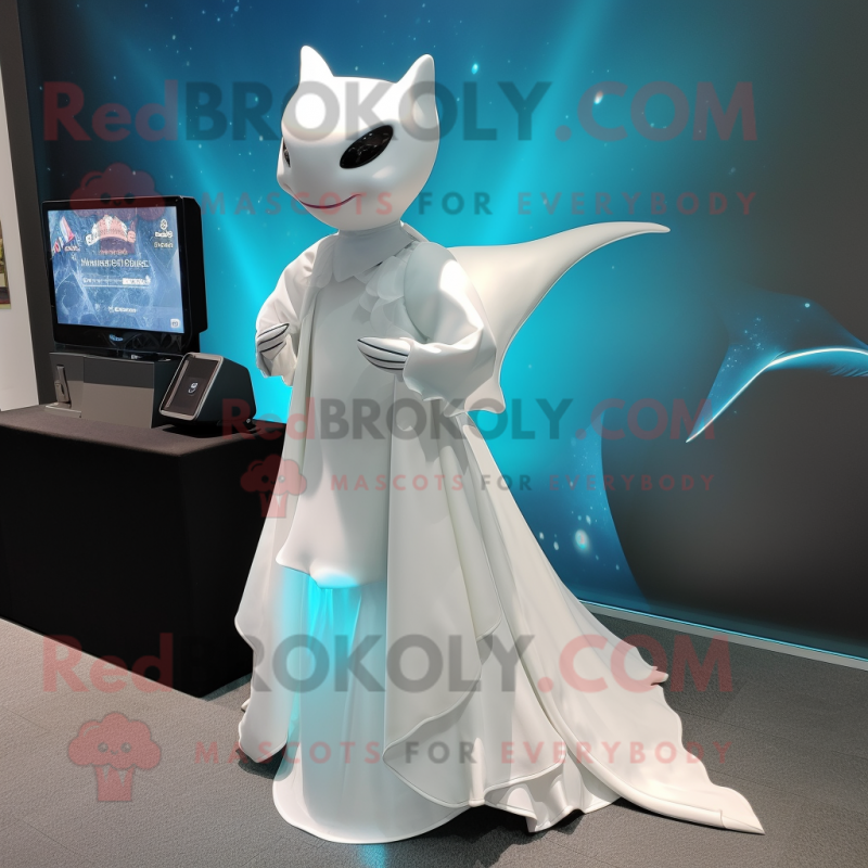 Cyan Manta Ray mascot costume character dressed with a Wedding Dress and Digital watches