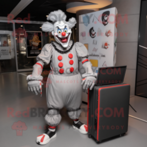 Gray Evil Clown mascot costume character dressed with a T-Shirt and Briefcases