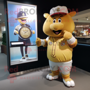 Gold Beef Wellington mascot costume character dressed with a Baseball Tee and Bracelet watches