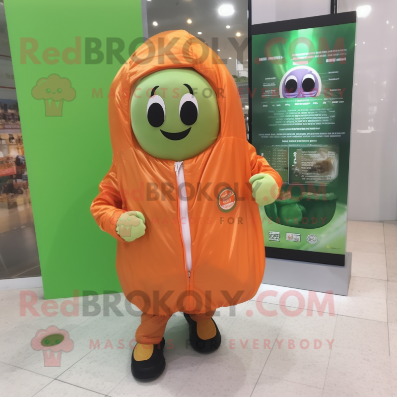 Orange Cucumber mascot costume character dressed with a Parka and Clutch bags