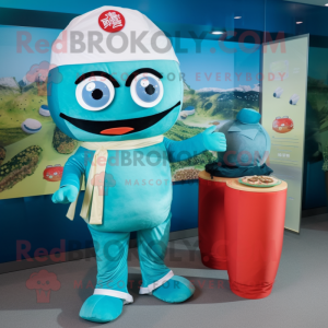 Cyan Sushi mascot costume character dressed with a Polo Shirt and Coin purses