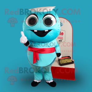 Cyan Sushi mascot costume character dressed with a Polo Shirt and Coin purses