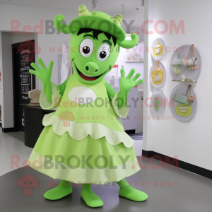 Lime Green Beef Stroganoff mascot costume character dressed with a Circle Skirt and Tote bags