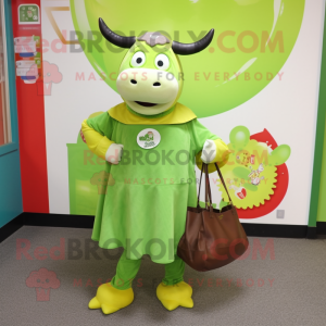 Lime Green Beef Stroganoff mascot costume character dressed with a Circle Skirt and Tote bags