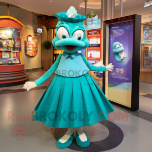 Teal Momentum mascot costume character dressed with a A-Line Skirt and Lapel pins