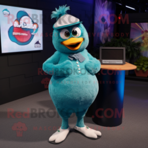 Teal Momentum mascot costume character dressed with a A-Line Skirt and Lapel pins