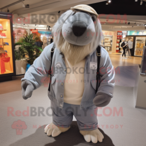 Gray Walrus mascot costume character dressed with a Windbreaker and Suspenders
