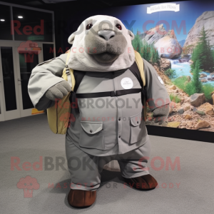 Gray Walrus mascot costume character dressed with a Windbreaker and Suspenders