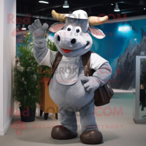 Gray Beef Stroganoff mascot costume character dressed with a Overalls and Backpacks